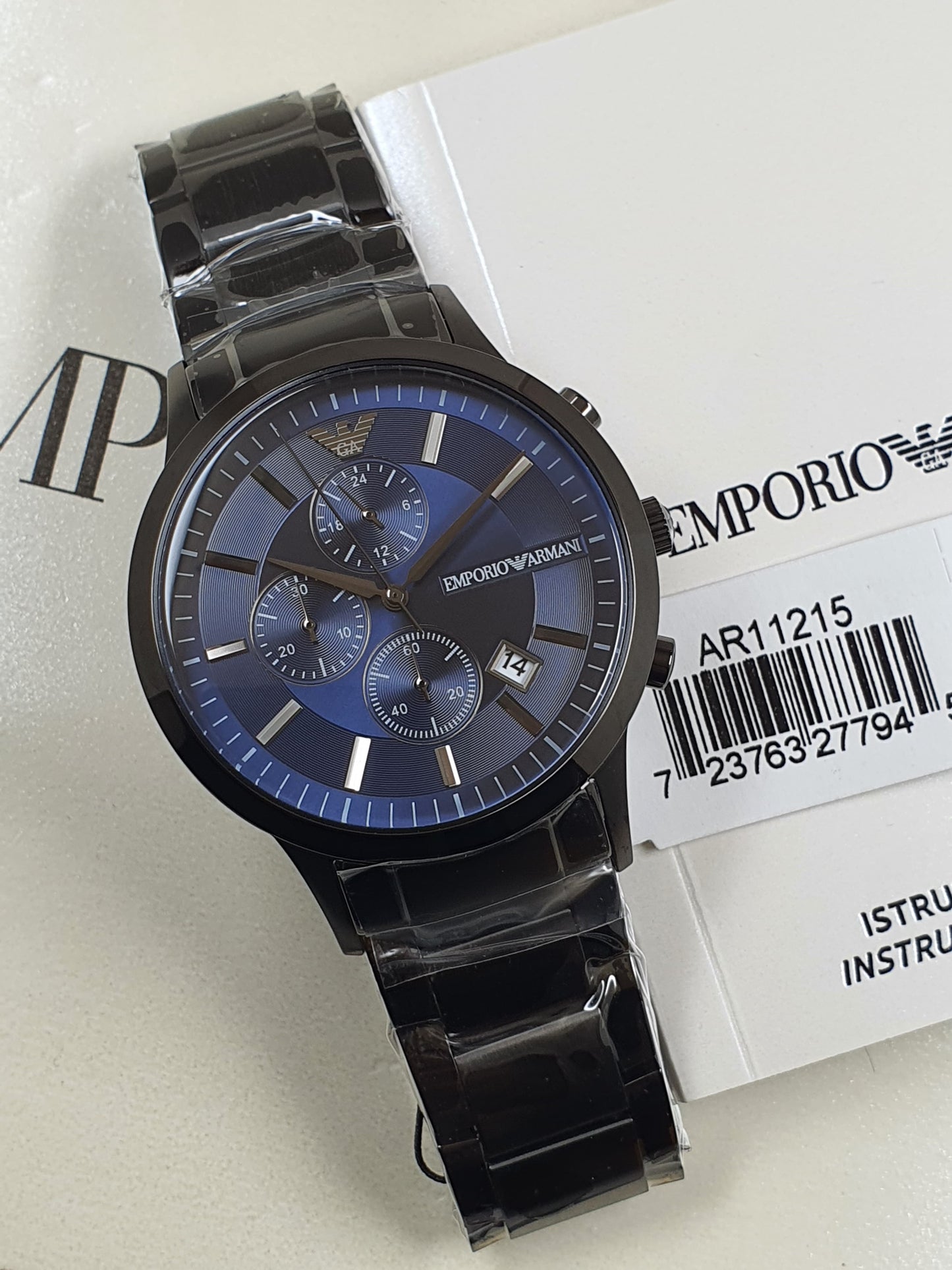 AR 11215 Emporio Armani chronograph watch with blue date dial  and grey stainless steel chain