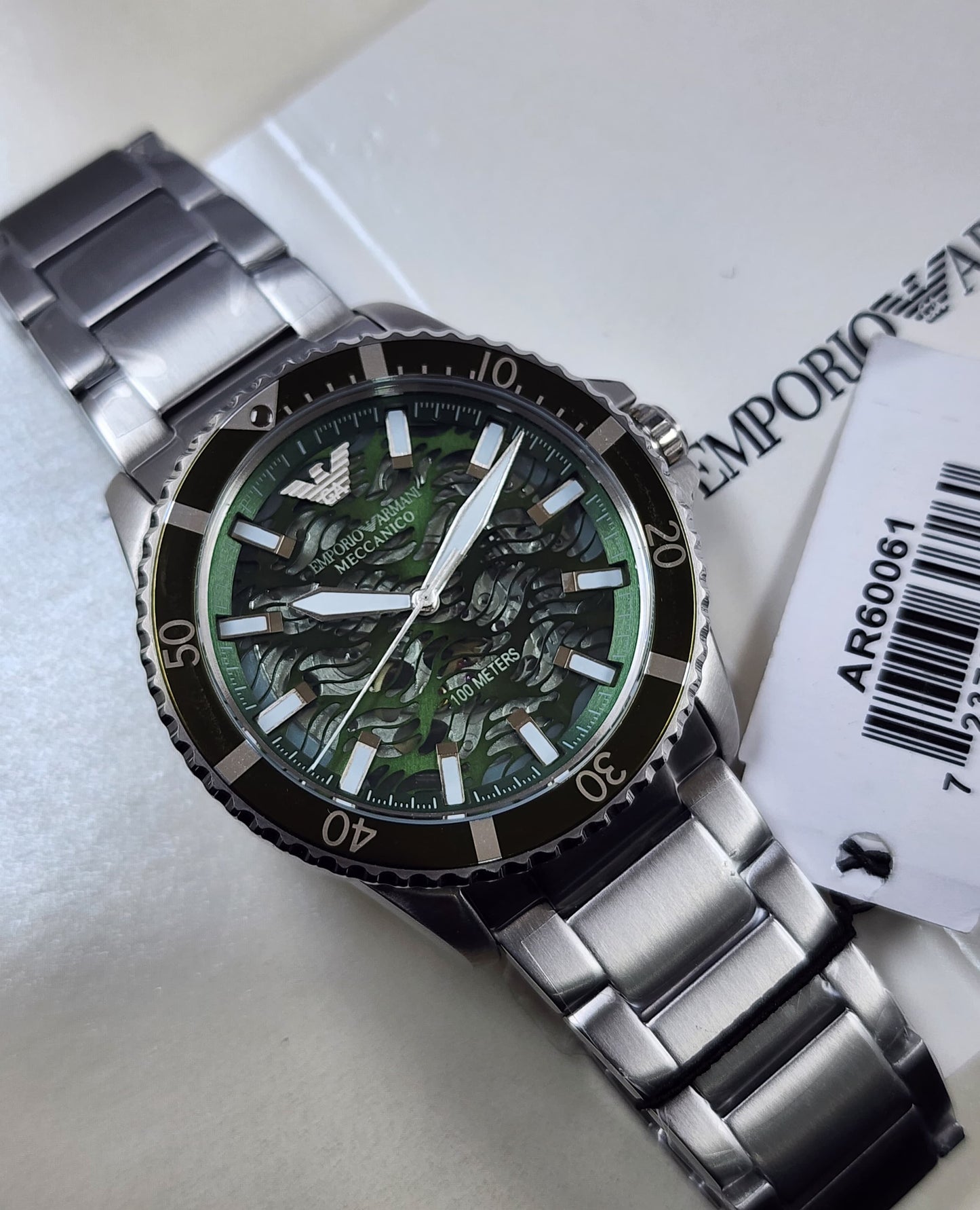 AR 60061 mechanical automatic watch with green dial and silver chain 43 mm