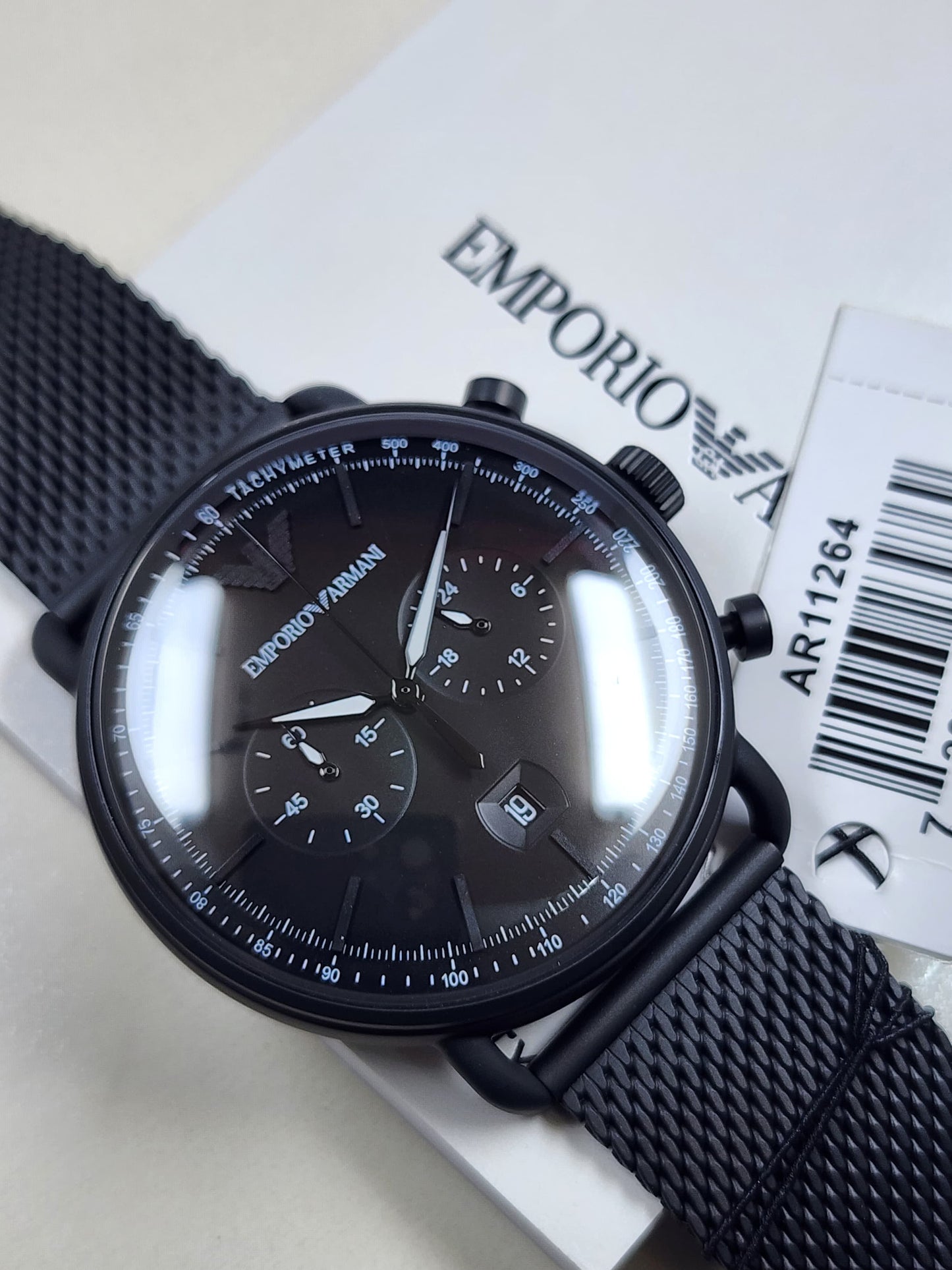 AR11264 EMPORIO ARMANI 43mm Aviator Black Mesh Bracelet Black Dial Chronograph Quartz Watch for Gents