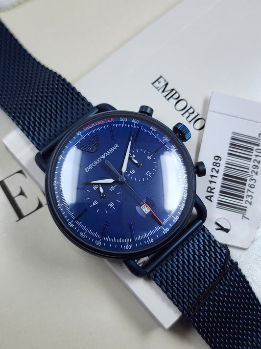 AR11289 Emporio Armani chronograph watch with blue chain and blue 43mm dial for men