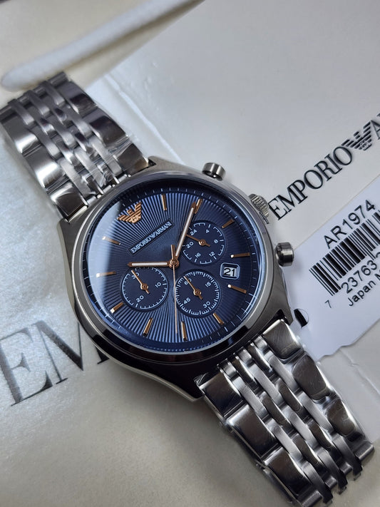 AR1974 Emporio Armani chronograph watch with blue dial and silver chain 43mm