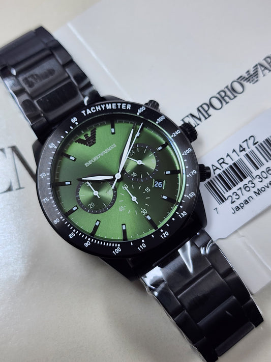 AR11472  Emporio Armani chronograph green dial date watch in black chain 43mm