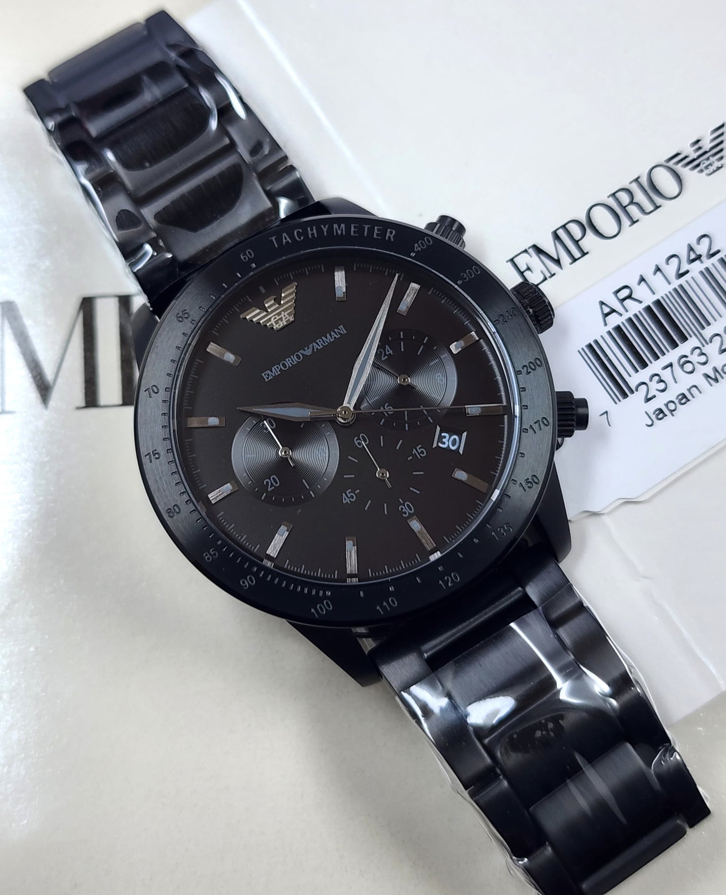 AR11242 EMPORIO ARMANI Mario Black Stainless Steel Black Dial Chronograph Quartz Watch for Gents