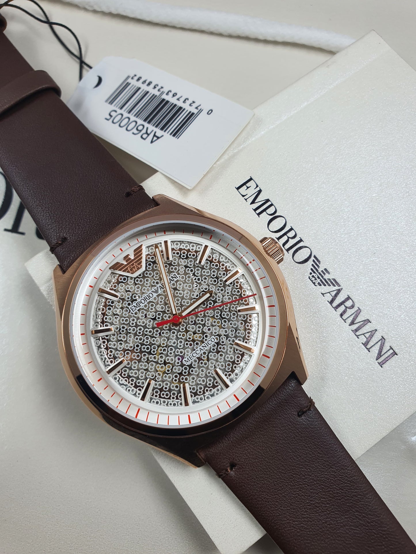 AR60005 Emporio Armani Man Automatic Brown Leather Belt Silver Skeleton Dial 43MM Watch