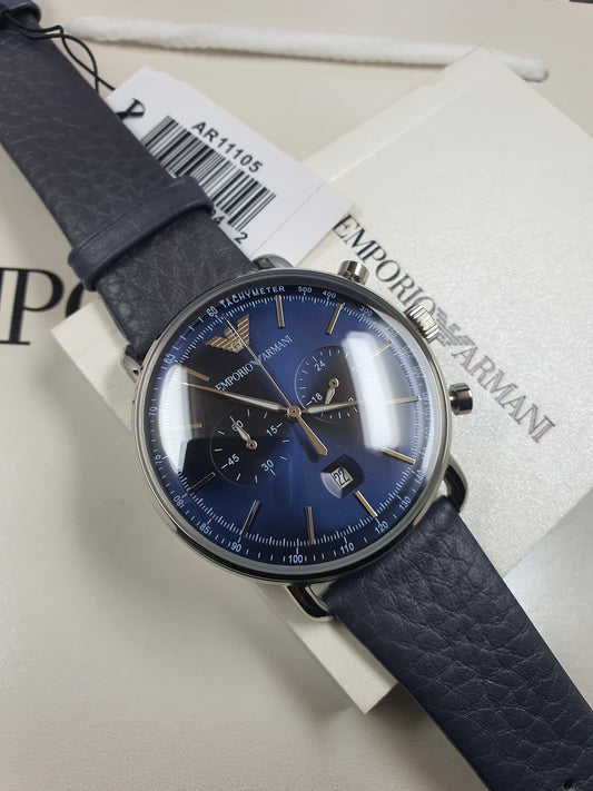 AR11105 Emporio Armani blue dial chronograph leather strap watch 43mm