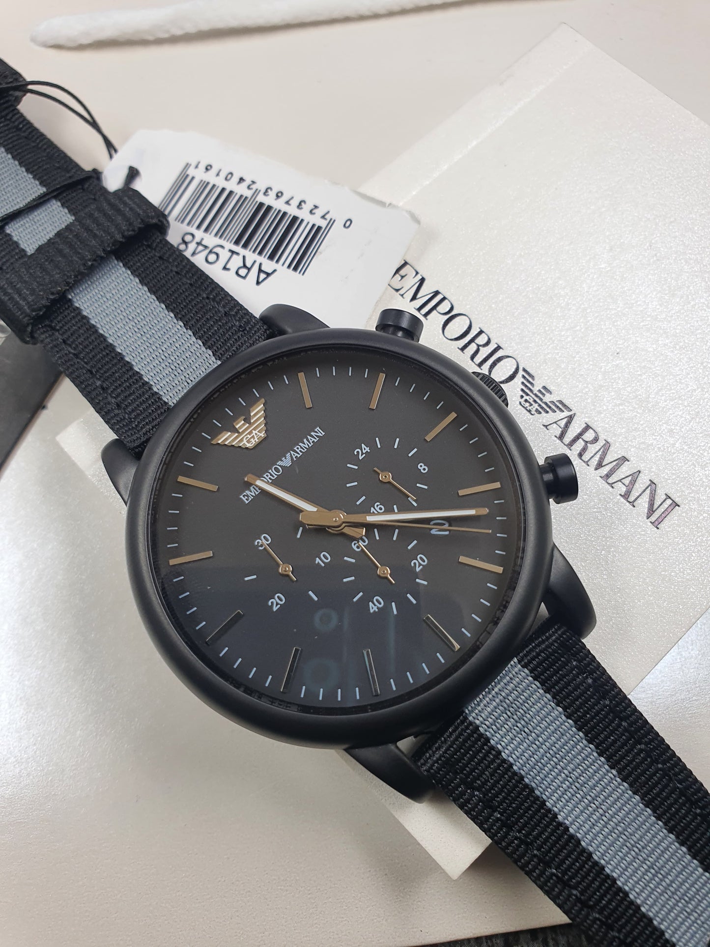 Emporio Armani AR1948 black dial chronograph watch with fabric belt 46mm