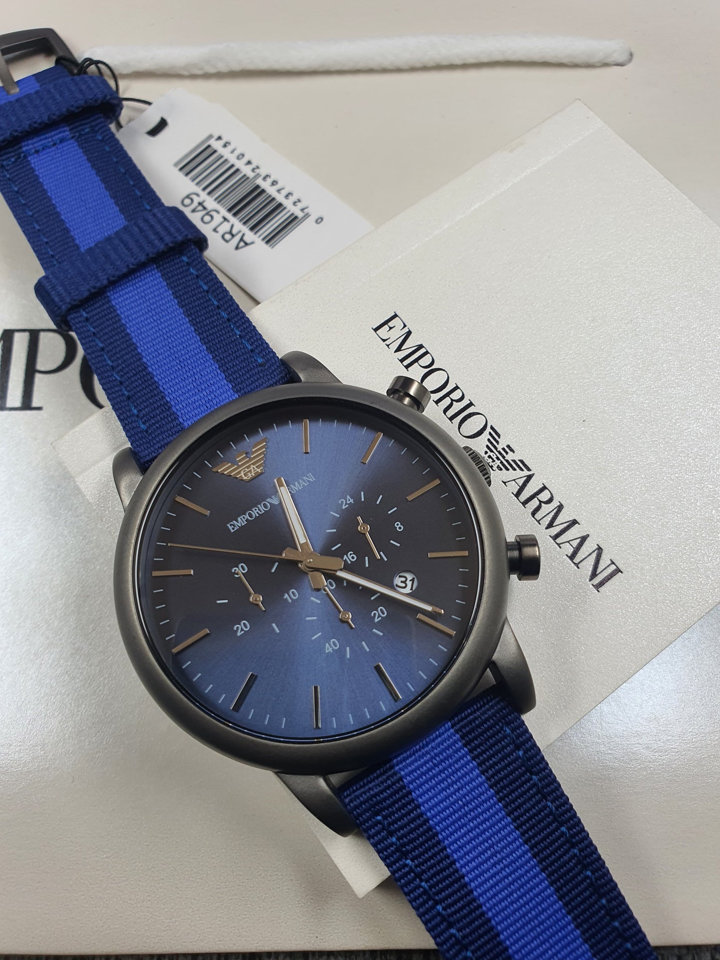 AR1949 Emporio Armani blue dial watch with chronograph and fabric strap 46mm