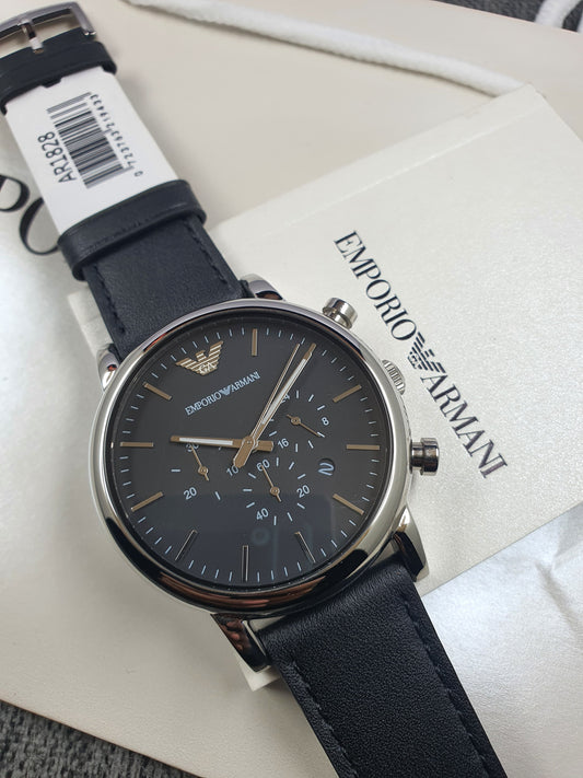 AR1828 Emporio Armani stainless steel watch with chronograph black and silver dial and black leather belt