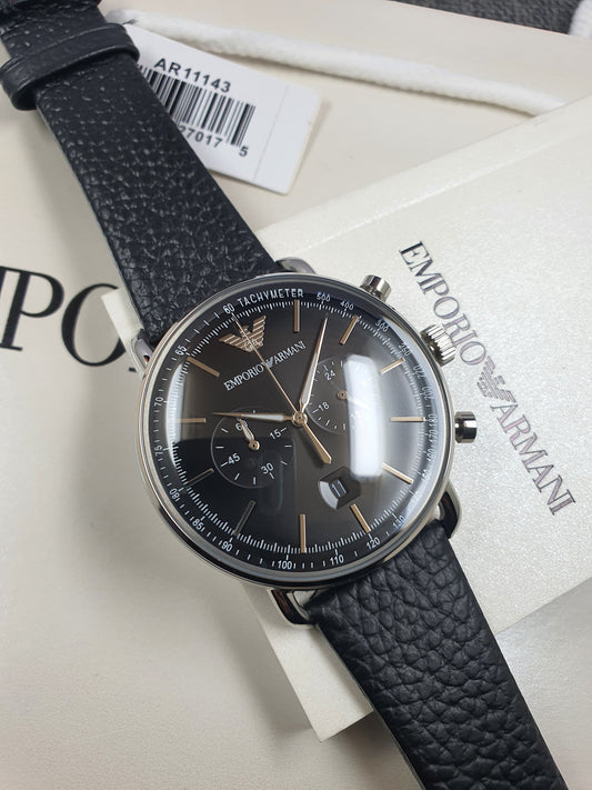 AR11143 Emporio Armani mens watch with black dial date chronograph and black leather strap