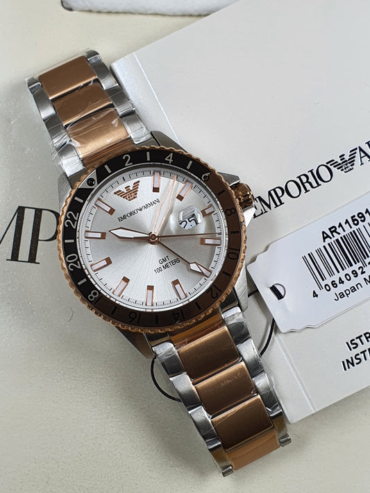 AR11591 GMT with rose gold silver and black dial with date