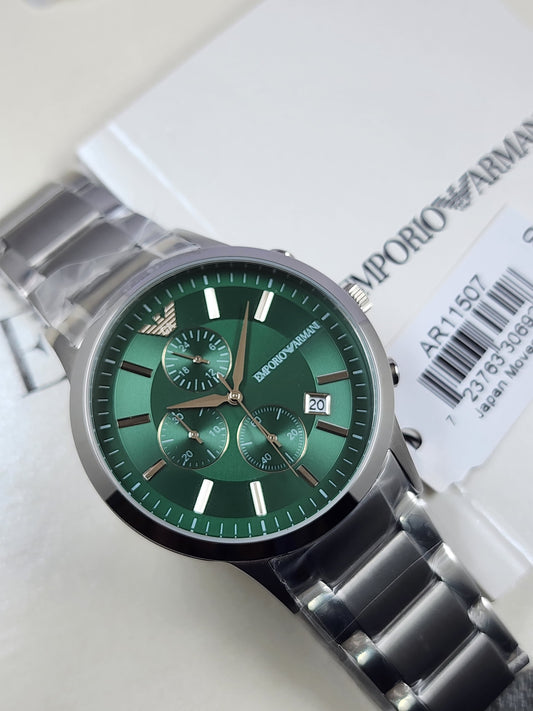 EMPORIO ARMANI Silver Stainless Steel Green Dial Quartz Watch for Gents - AR11507