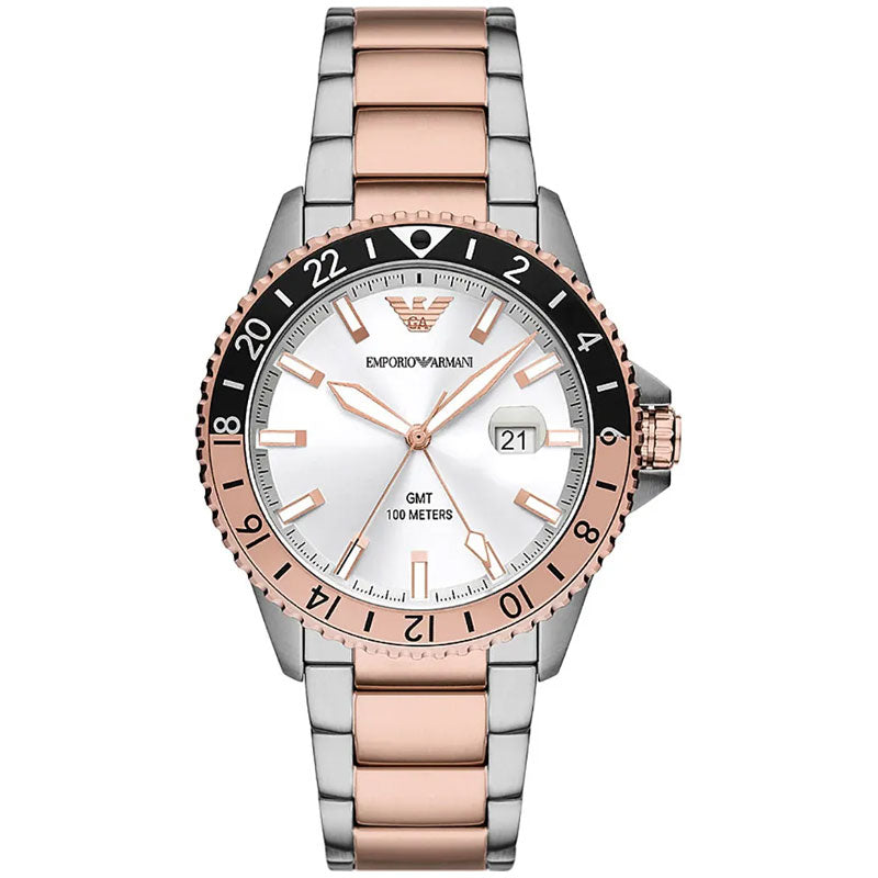 AR11591 GMT with rose gold silver and black dial with date