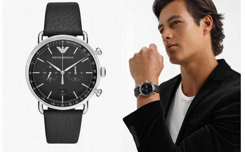 AR11143 Emporio Armani mens watch with black dial date chronograph and black leather strap