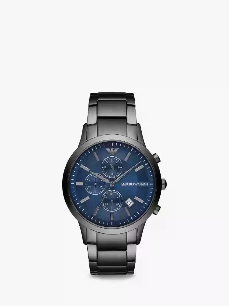 AR 11215 Emporio Armani chronograph watch with blue date dial  and grey stainless steel chain