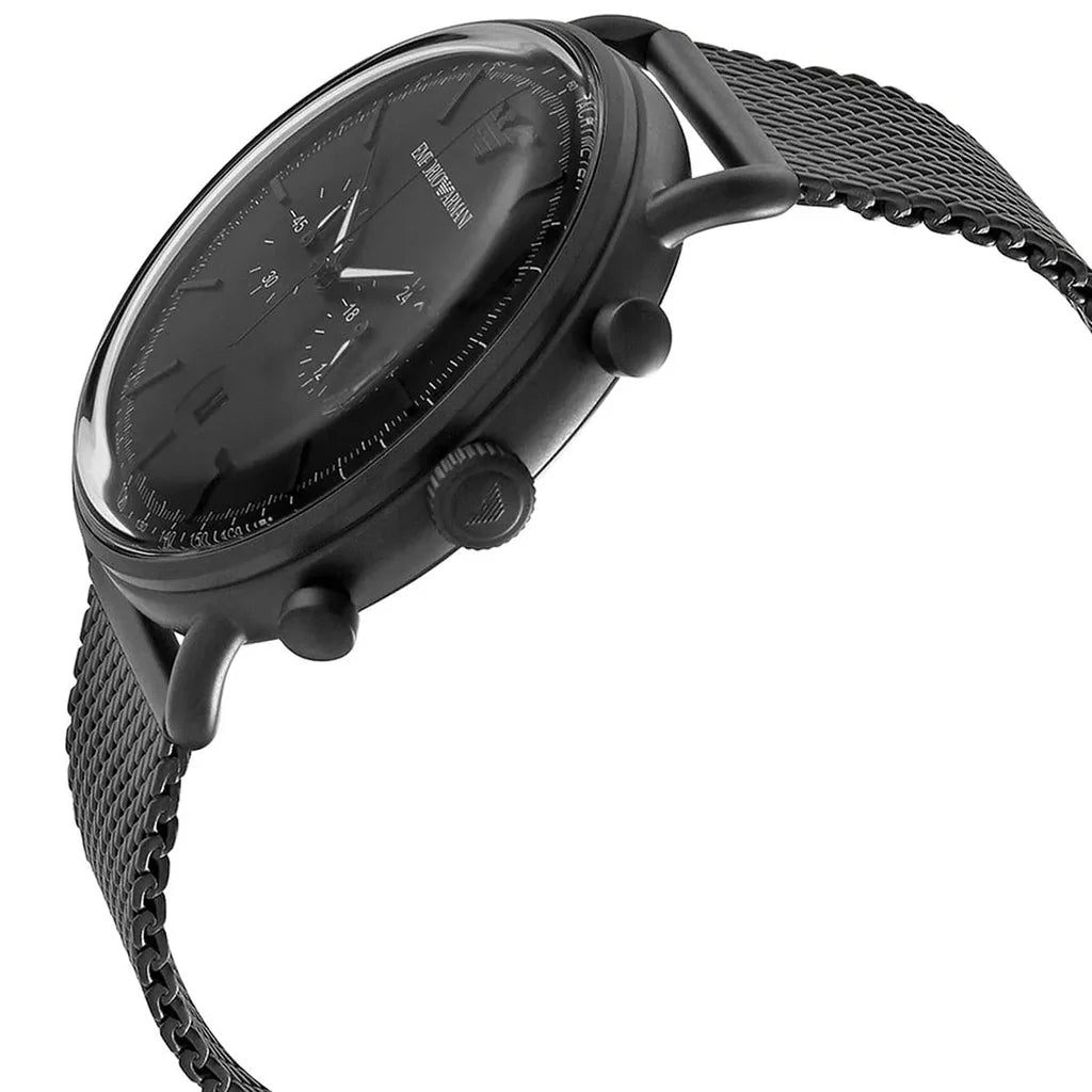 AR11264 EMPORIO ARMANI 43mm Aviator Black Mesh Bracelet Black Dial Chronograph Quartz Watch for Gents