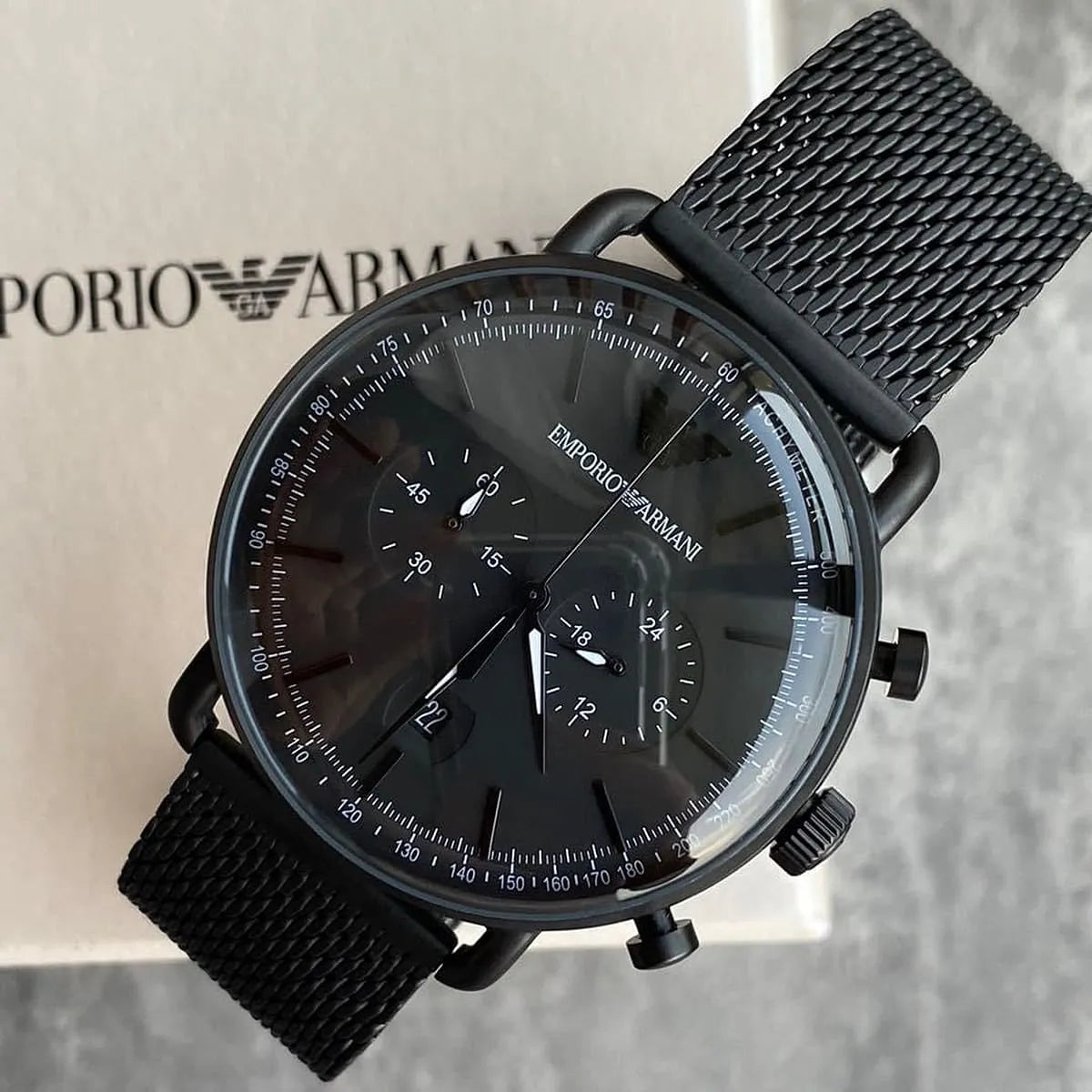 AR11264 EMPORIO ARMANI 43mm Aviator Black Mesh Bracelet Black Dial Chronograph Quartz Watch for Gents