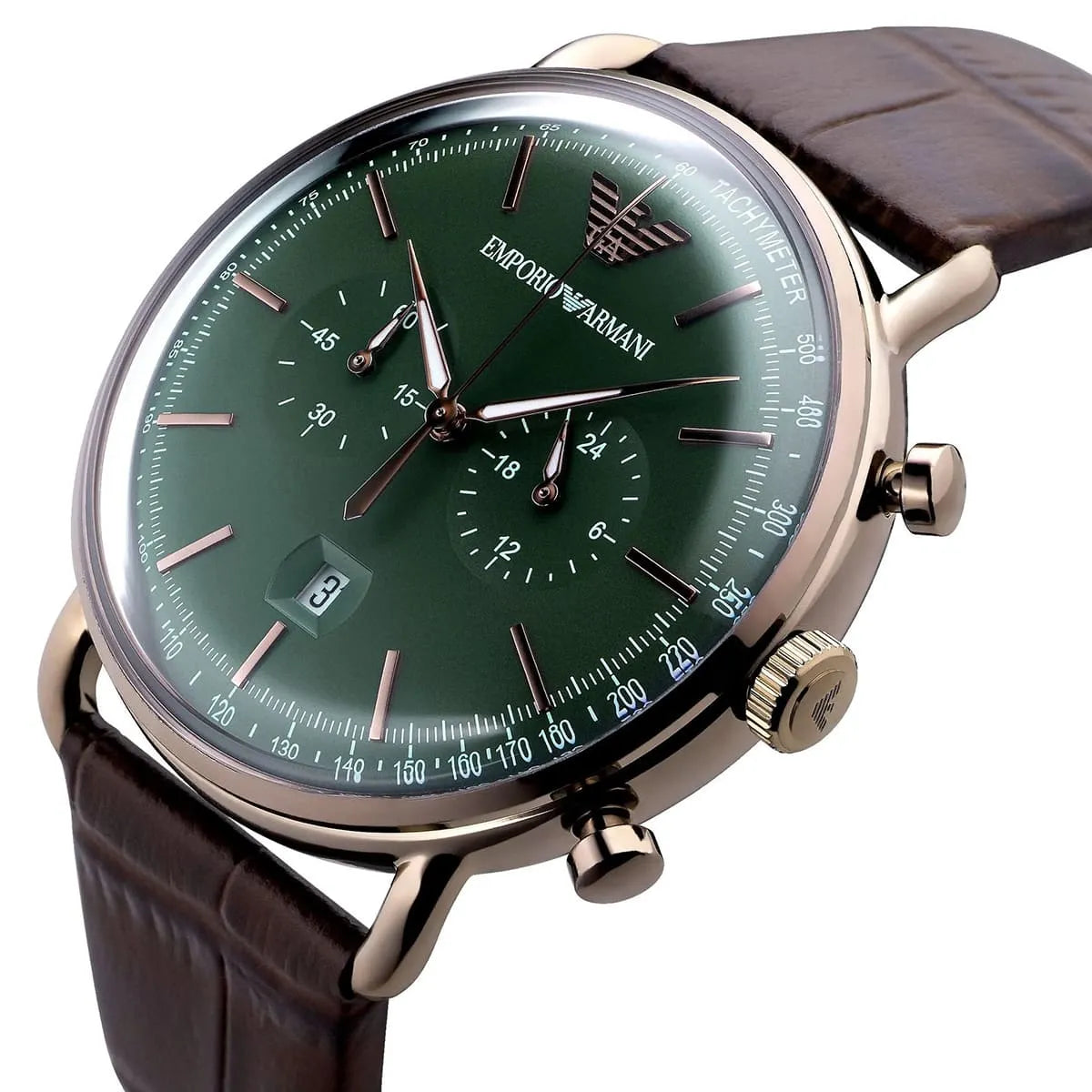 Emporio Armani AR11334 with gold and royal green dial date and chronograph brown leather belt