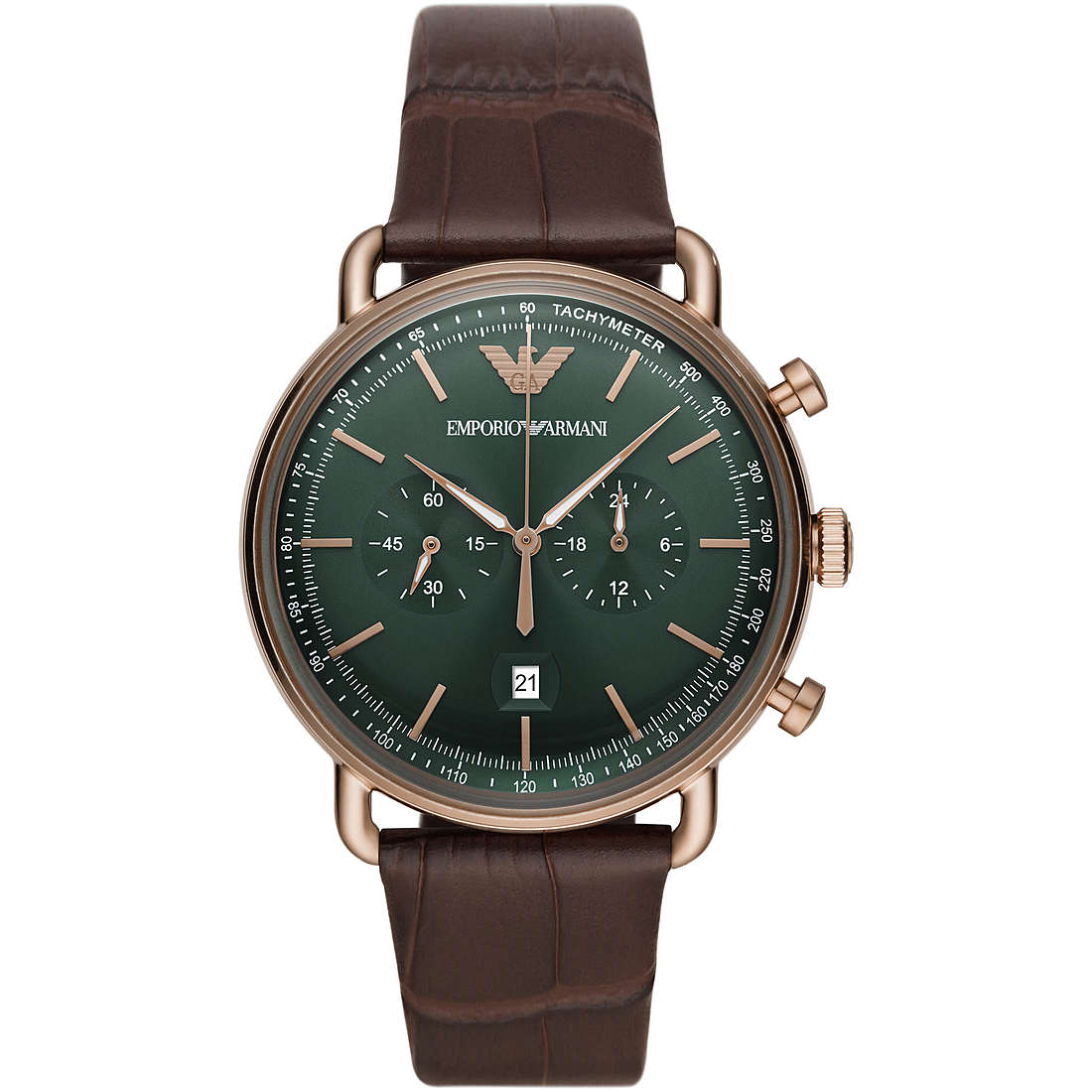 Emporio Armani AR11334 with gold and royal green dial date and chronograph brown leather belt