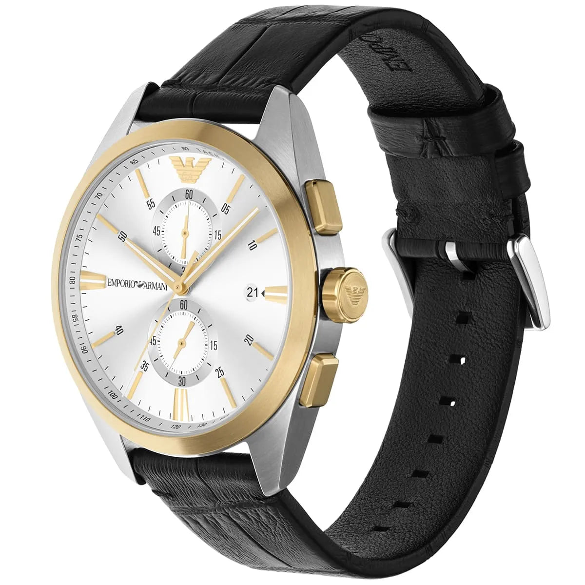 AR11498 Emporio Armani watch with silver and gold dial and leather black belt