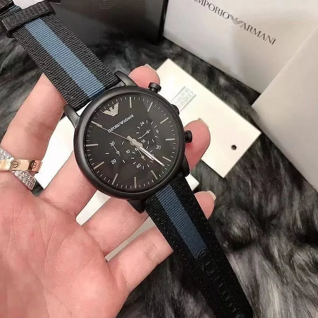 Emporio Armani AR1948 black dial chronograph watch with fabric belt 46mm