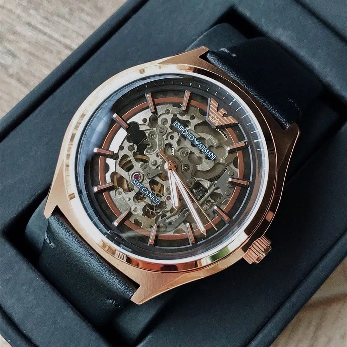 AR60004 Emporio Amani Man Automatic Brown Leather Belt Rose Gold Skeleton Dial 43MM Watch