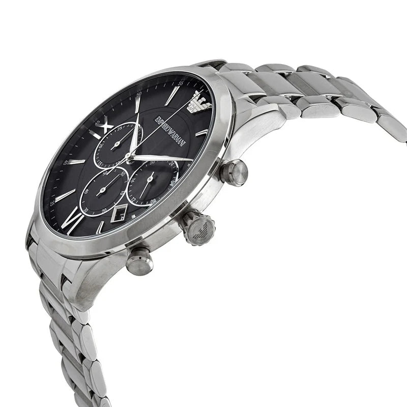 Emporio Armani AR11208 black dial chronograph watch silver chain with date 44mm