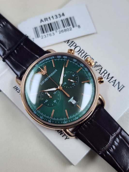 Emporio Armani AR11334 with gold and royal green dial date and chronograph brown leather belt