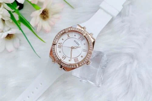 GUESS Ladies White Rose Gold Tone Analog Watch GW0034L2