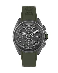 Hugo Boss Mens  Quartz Green Silicone  Strap Grey Dial 44mm Watch 1513952