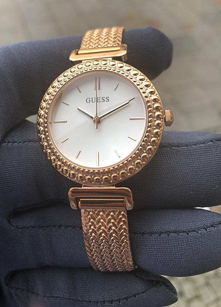 GUESS Ladies rose gold watch with white dial and mesh bracelet W1152L3