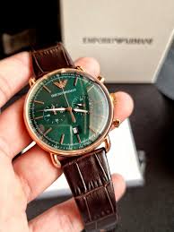 Emporio Armani AR11334 with gold and royal green dial date and chronograph brown leather belt