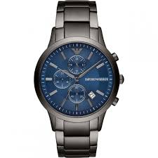 AR 11215 Emporio Armani chronograph watch with blue date dial  and grey stainless steel chain