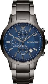 AR 11215 Emporio Armani chronograph watch with blue date dial  and grey stainless steel chain