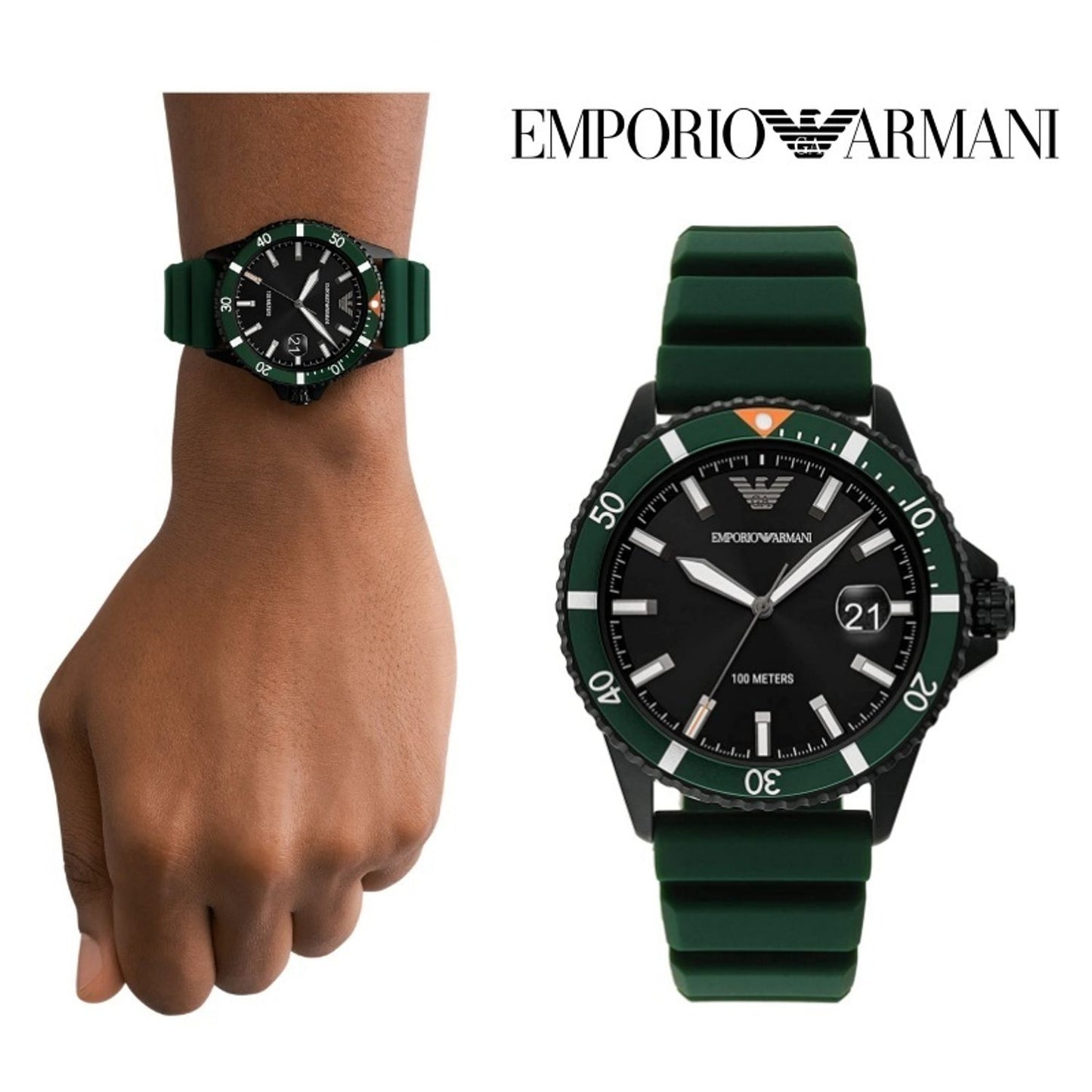 AR11464 Emporio Armani quartz watch 42mm with silicon green belt and black dial