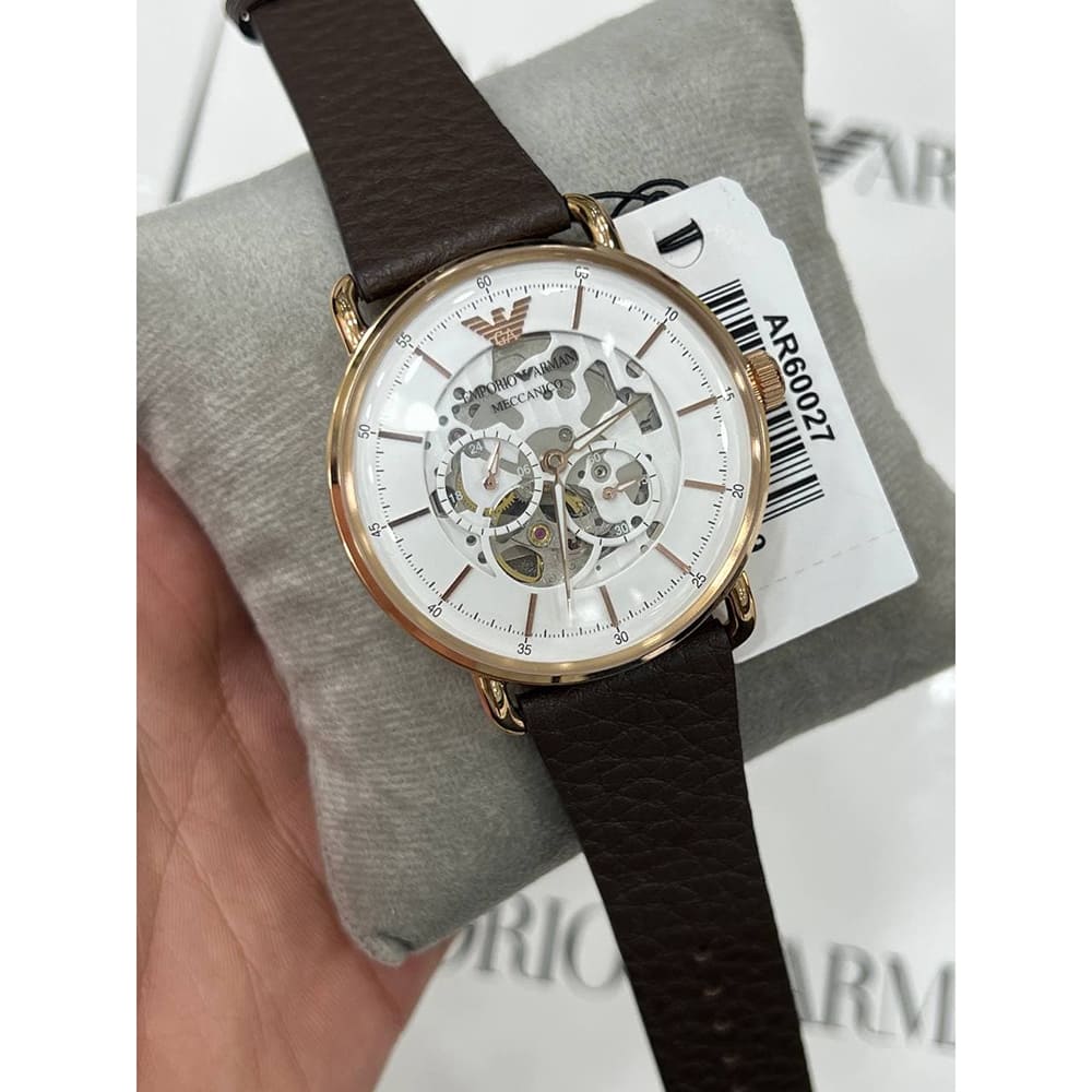 AR60027 Emporio Armani Men Automatic Brown Leather Belt Rose Gold And White Dial 43MM Watch