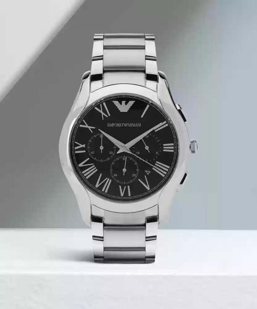 Emporio Armani chronograph watch with silver chain and black dial