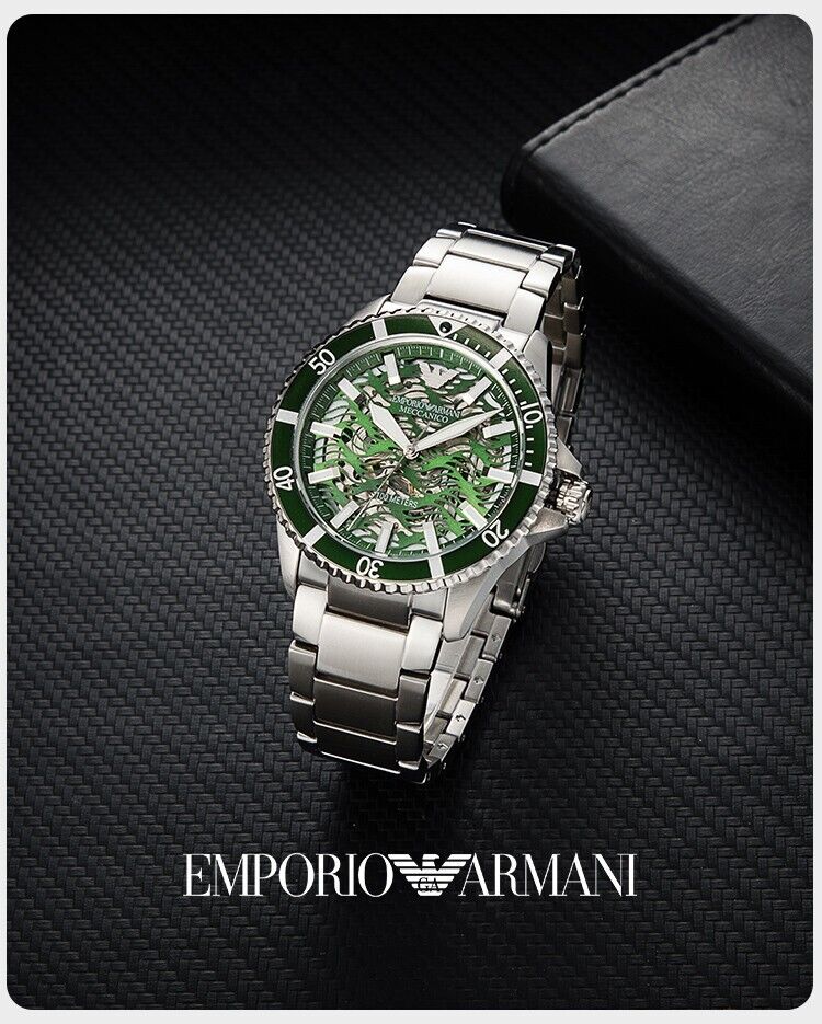 AR 60061 mechanical automatic watch with green dial and silver chain 43 mm