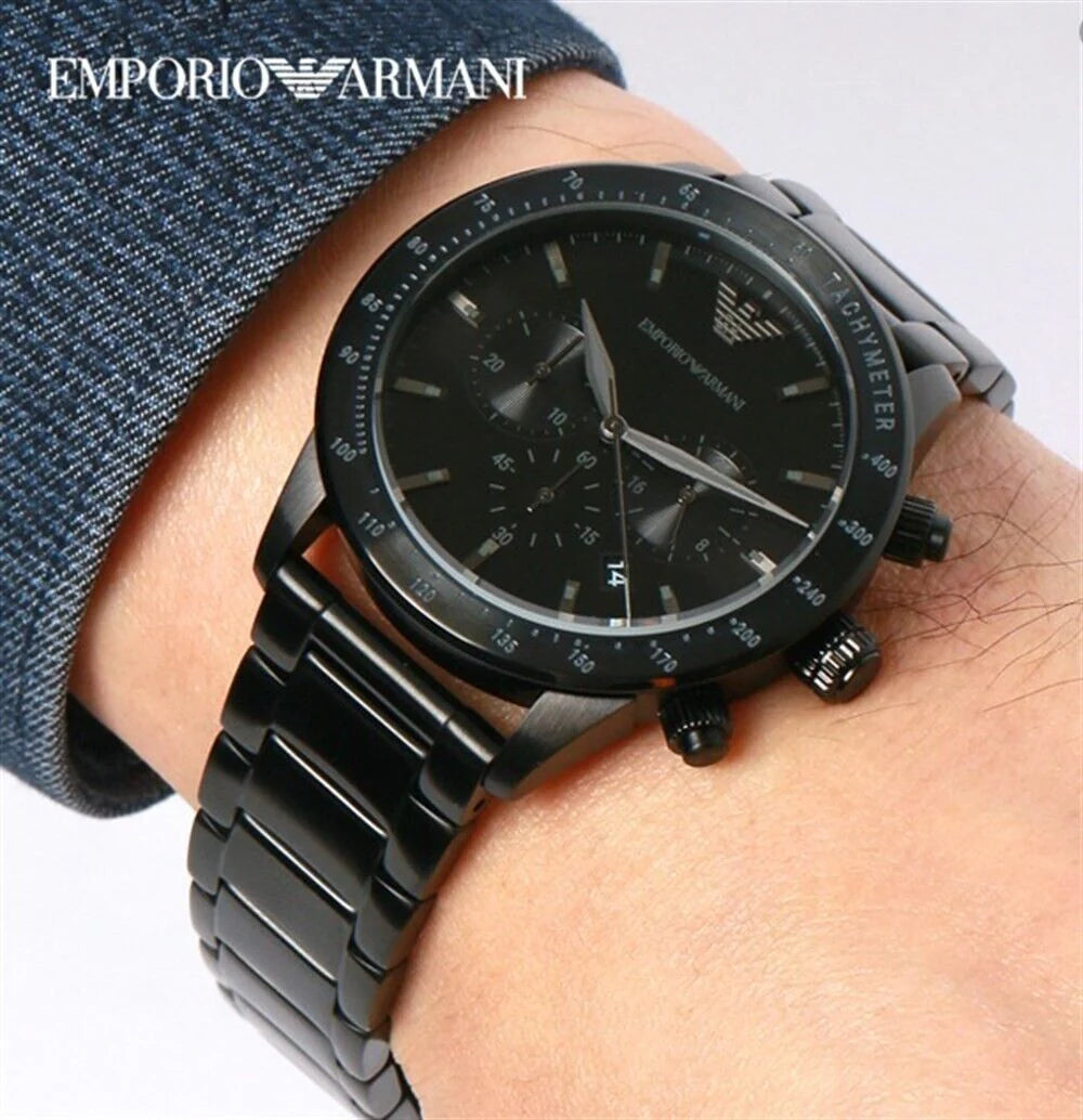 AR11242 EMPORIO ARMANI Mario Black Stainless Steel Black Dial Chronograph Quartz Watch for Gents