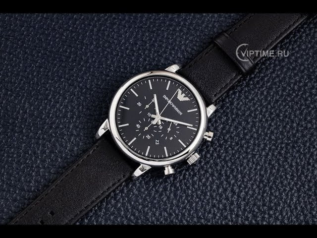 AR1828 Emporio Armani stainless steel watch with chronograph black and silver dial and black leather belt